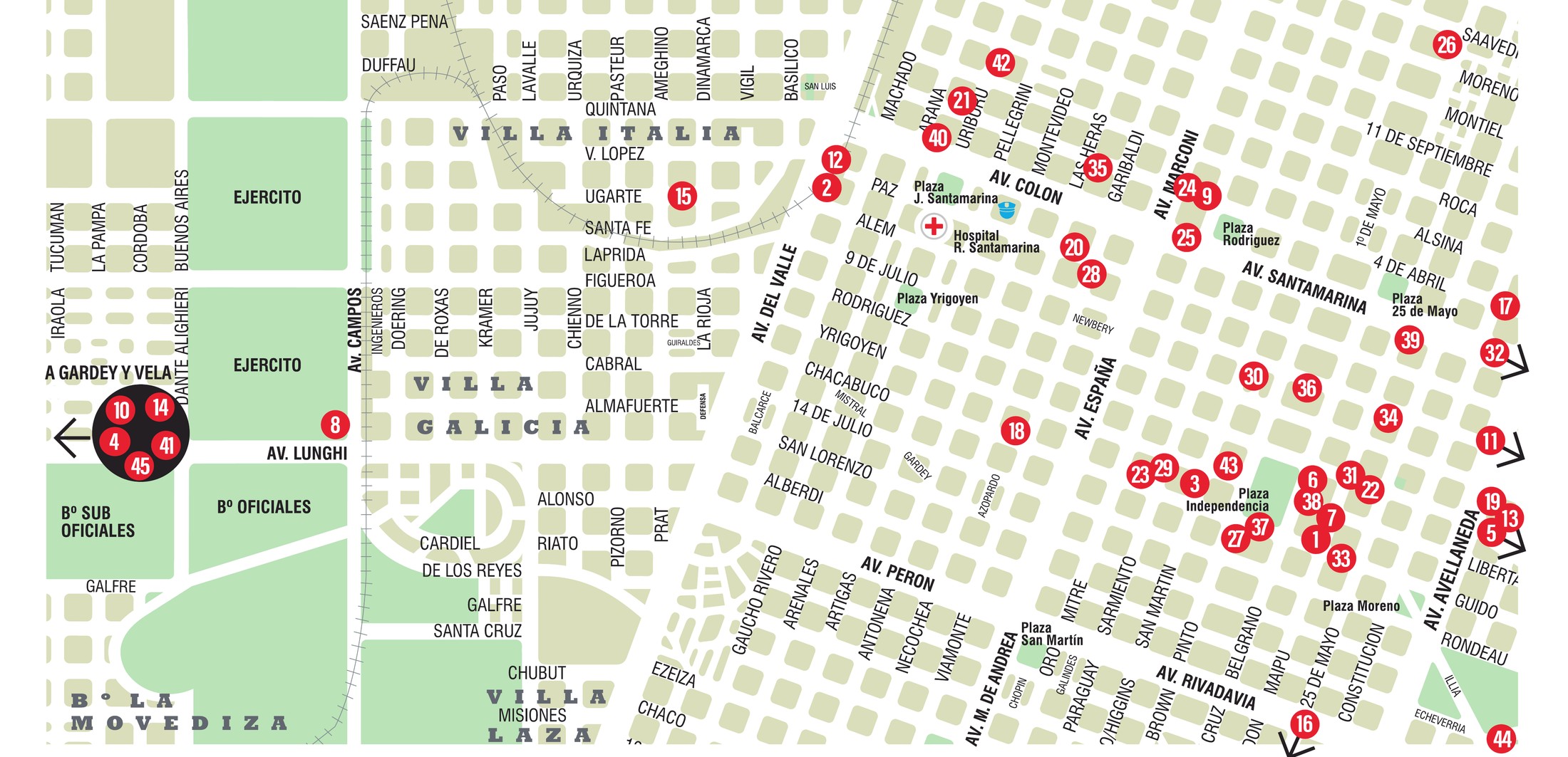 Plano oficial con los puntos numerados del 1 al 45 de la Noche de los Museos